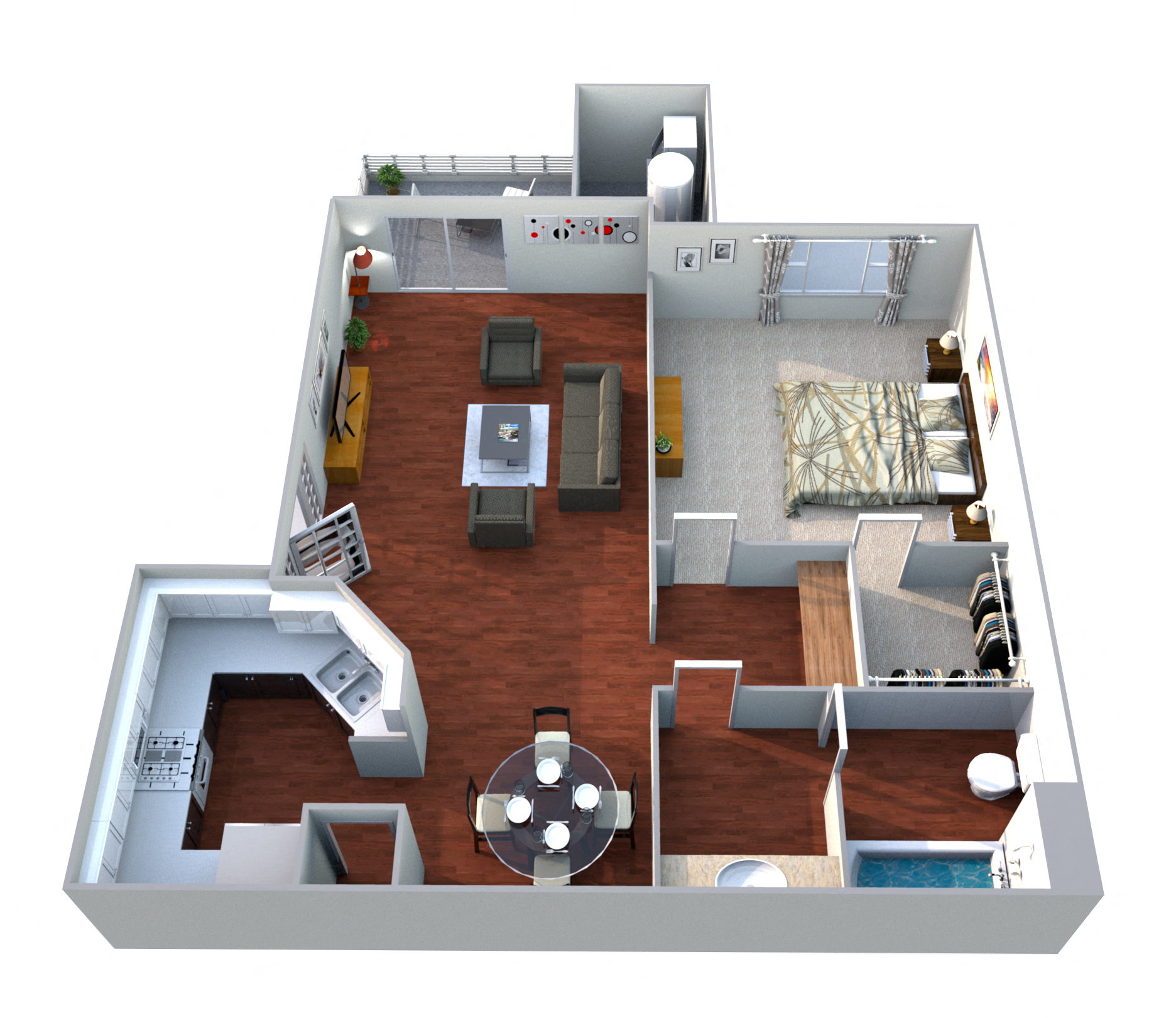 Floor plan for 1 bed, 1 bath, 768 sqft